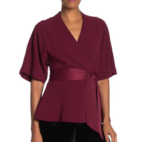 Trina Turk Unidos Tie-Waist Wrap Top, Pinot Noir - Picture 1 of 5